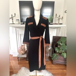 DVF Black black wrap dress with brown suede detail 4